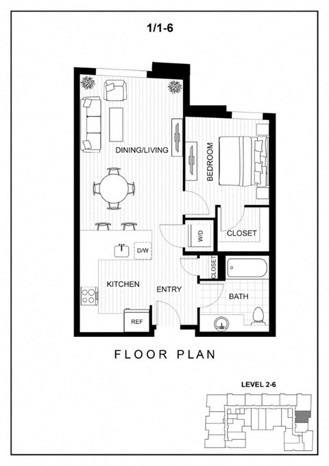 Floor plan for 1 bed, 1 bath, 661 sqft
